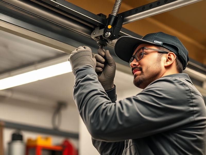 Professional garage door technician performing installation